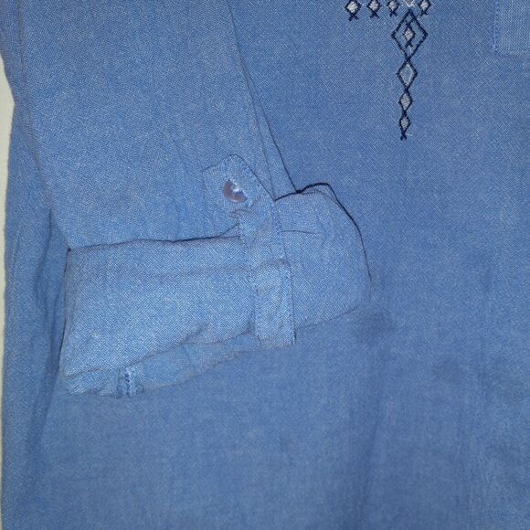Collections Etc Large Aztec Embroidered Chambray Popover Blouse-Roll Tab Sleeve - Picture 5 of 9